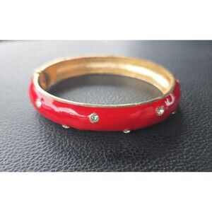 Vintage Red Enamel Clamper Bangle Bracelet Rhinestone Bling Hinged Gold Toned